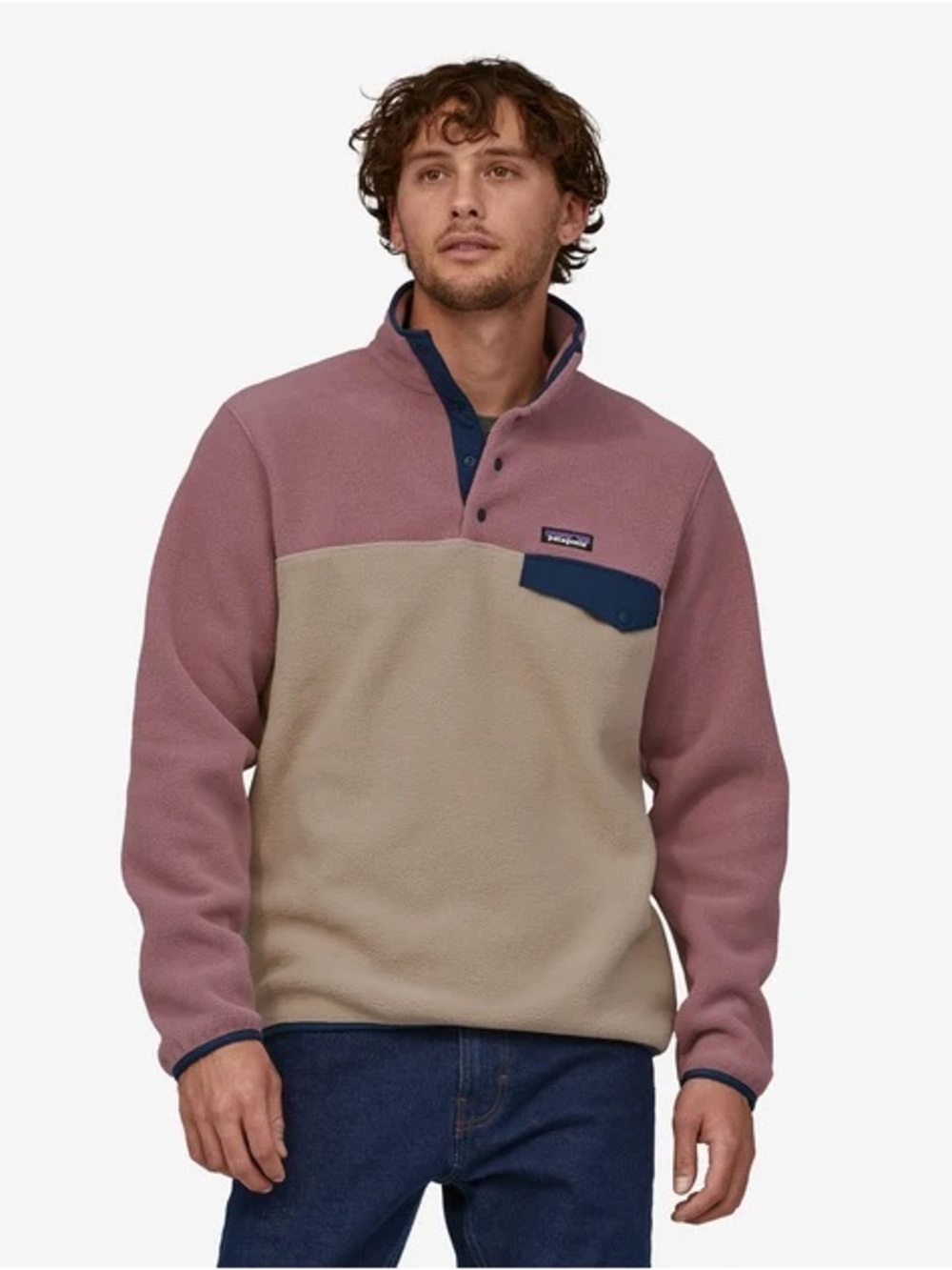 Patagonia Men's Two-Tone Zip Fleece - Mauve, Beige with Navy Trim